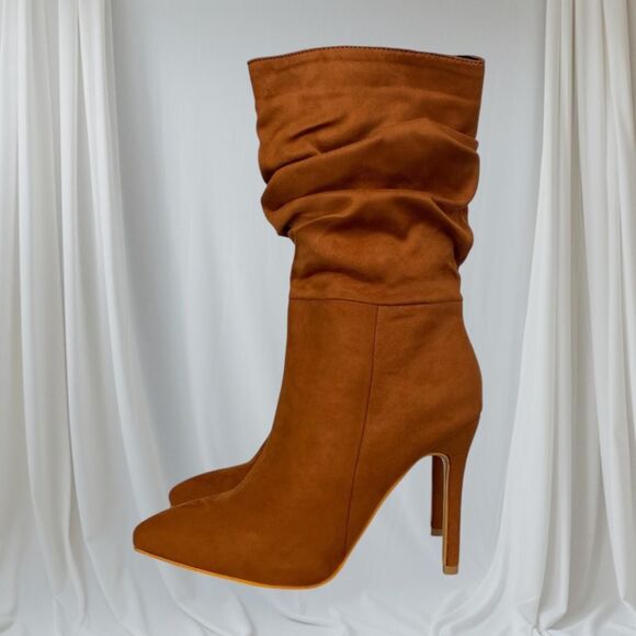 90s Style Slouchy Brown Faux Suede Stiletto High Heel Pointy Boots US 8.5  EU 39 - Picture 1 of 8